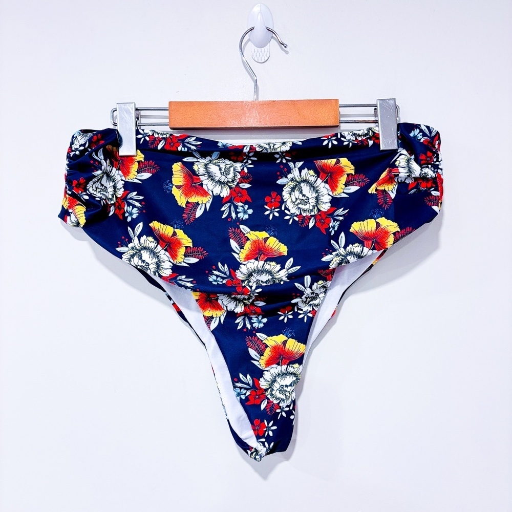 Navy Floral High Waisted‎ Bikini Bottom Full Coverage Retro Swimwear X-Large